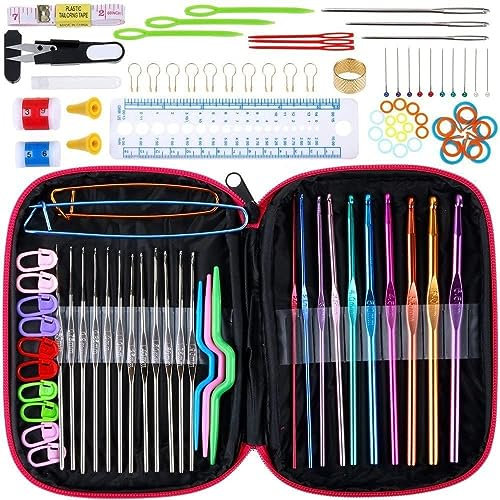 Anpro Crochet Hooks Set 100 PCS Knitting Tool Accessories with Pink Case
