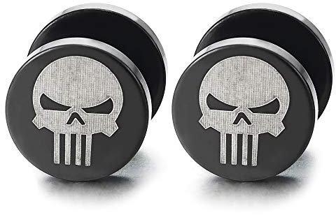 Acier Homme Argent Noir Punisher Crâne Boucles d'oreilles - Bouchon Jauge d'oreille Faux Cheater Fake Gauge Plug(10MM)