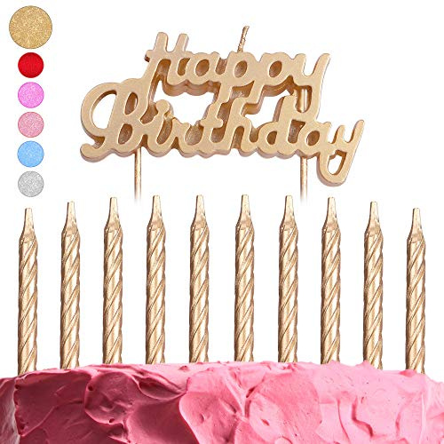 GET FRESH Gold Birthday Cake Candles 10-Pack Spiral and Happy Birthday Cake Toppers Elegant Bday and Letter Cake Decoration