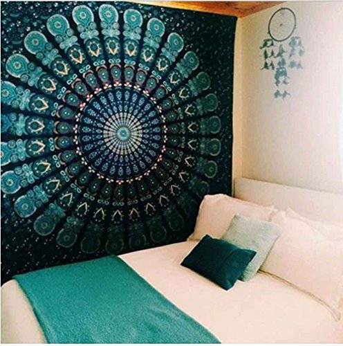 Mandala-Wandbehang, Wandteppich, Boho-Stil, Wohnheim-Dekoration, indischer Strand-Überwurf, Wandkunst, Raumdekoration (150 x 130 cm, grüner Pfau)