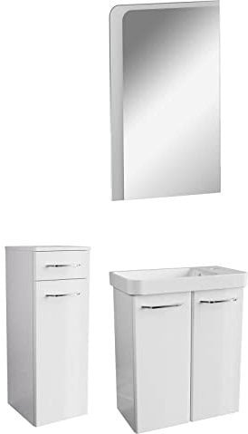 FACKELMANN weißes Hochglanz Badmöbel Set 4-TLG. Milano Gäste WC mit Waschbeckenunterschrank 55 cm & LED Badspiegel