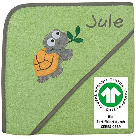 Wolimbo Kapuzenhandtuch Bio-Baumwolle Schildkröte opalgrün Motiv und mit Namen 100x100cm