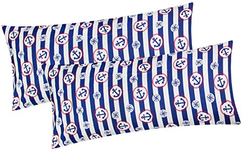 Baumwoll Renforcé Kissenbezug - 2er Set in 40x80cm - Anker mit Streifen in Blau, Weiß und Rot - Kopfkissen-Bezug, Kissenhülle, Dekokissenbezug aus 100% Baumwolle (KY-600/1-40x80)