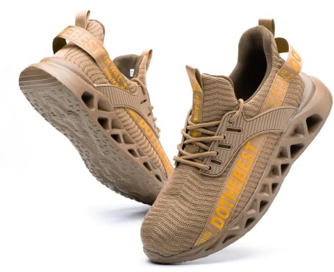 Furuian Sicherheitsschuhe Herren Damen Leicht Arbeitsschuhe Herren sportlich Atmungsaktiv Sneakers mit Stahlkappe rutschfest Fitness Turnschuhe (44.5EU,Braun)