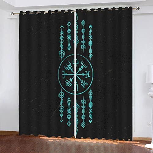 Vorhang Schlafzimme mit Ösen 3D Gardinen Blickdicht Nordische Mythologie Runen Wärmeisolierende Verdunkelungsvorhang 2er Set Gardinen 234x183cm