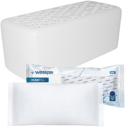 Wessper 1x Luftentfeuchter Feuchtigkeits mit 1x Granulat im 500 g Nachfüll-Beutel, Raum-Entfeuchter | Verhindert Schimmel, Unangenehme Gerüche, Schützt Wände