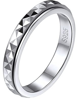 Silvora Stapelbarer Schmaler Damen Spinner Ring 3mm breit 925 Silber Facettiert Prisma Geschnitten Fingerring Drehbarer Vorsteckring Verlobungsring Eternity Ring Ringgröße 52（16.5）