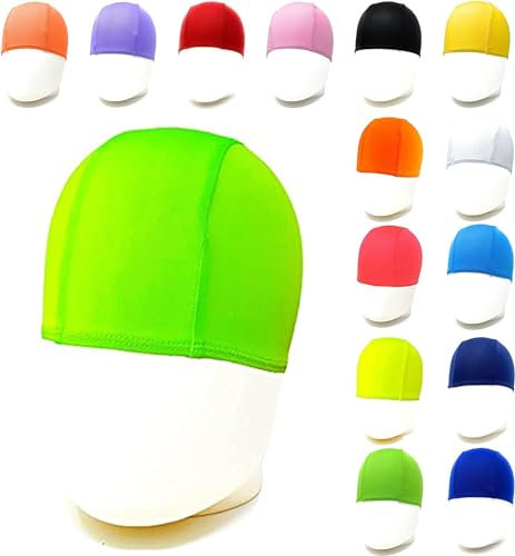 Auriculares de natación profesionales de poliéster monocolor – Descuentos cantidad – Gorro de piscina unisex de efecto fasciante. Cantidad: 50–100–250–500–1000 unidades (flúo verde, 50 unidades)
