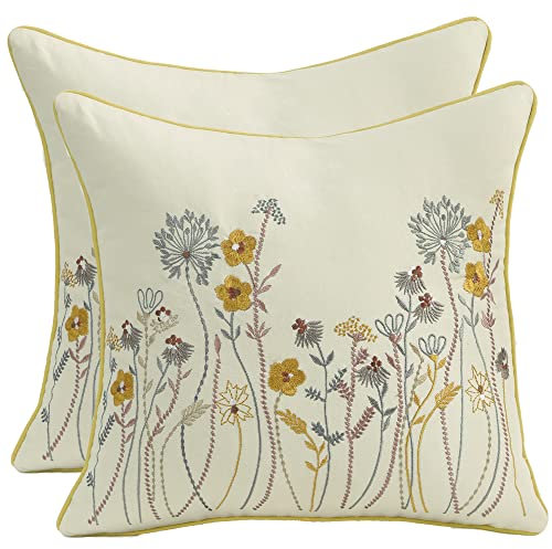 Tosleo Fundas de almohada bordadas de 18 x 18 pulgadas, paquete de 2 fundas de almohada decorativas de primavera, fundas de almohada de granja, decoración del hogar, funda de almohada cuadrada floral