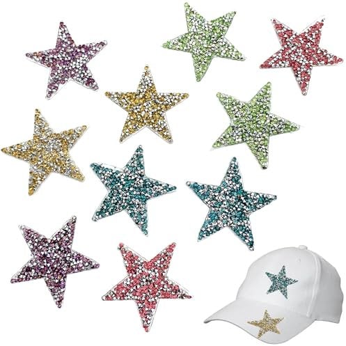 DHER Applikation Multicolor Strass Aufnäher zum Aufbügeln Patch Patches Aufnäher Strass 10 stück fünfzackiger Stern Hot Diamond Patch, farbiges Sternmuster, Bügelflecken, Schuhe, Hüte, Stoffflecken