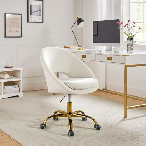 HULALA HOME Chaise Bureau Moderne, Ergonomique, Velours, Blanc, Roulette Dorée, Dossier Bas Réglable, Confortable, Bureau, Chambre