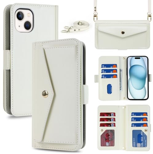 CAVOR Handykette Handyhülle Kompatibel mit iPhone 15 Hülle Mit Band,Flip Leder Geldborse Handyhülle,[9 Kartenfach][Doppelschnalle],Handytasche zum umhängen Kompatibel mit iPhone 15 - Weiß