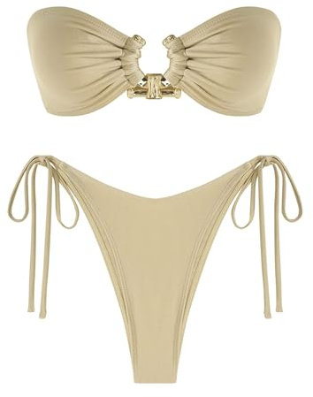 ZAFUL Metal Ring Bandeau Bikini Set mit Bindebändern, Hochgeschnittenes 2-Teiliges Badeanzug-Set, Cutout-Schwimmbekleidung, Medium