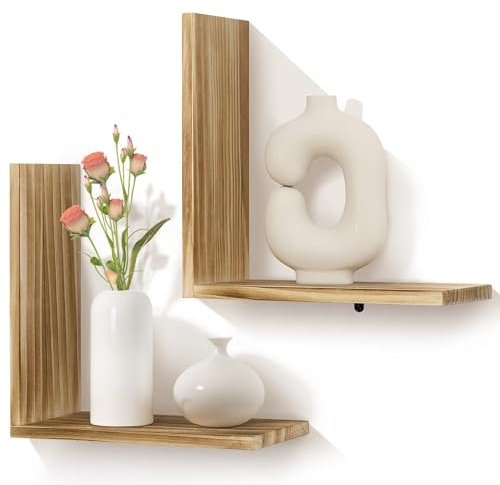 Afuly Wandregal Holz Schweberegal Modern Natur L-Form Regal für DIY Schwebendes Bücherregal für Buch Wanddeko Display Wandregale für Arbeitszimmer Schlafzimmer Wohnzimmer 35x35 x12cm, 2er Set