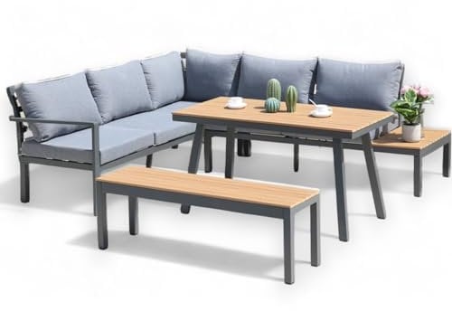 ALEOS. Gartenlounge Lounge Set aus Aluminium und echt Teakholz inklusive Bank Loungeecke Loungegarnitur Sitzgruppe Sofagarnitur Esstischlounge Brasilia grau anthrazit mit bequemen Kissen