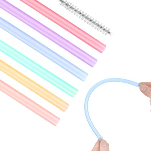 Lot de 6 pailles en silicone, réutilisables, pour thé à bulles, cocktail, café, juice, avec brosses de nettoyage, sans BPA, colorées