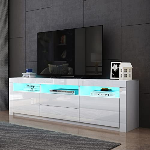 TV Units for Living Room, TV Stand Cabinet White Matt Body and High Gloss Front 2 Doors 2 Drawers TV Storage Cabinet 160cm with RGB LED Light