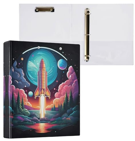 Linnyio Weltraum Cartoon, Coole Rakete 3 Drei-Ring-Ordner, Klemmbrett-Ordner mit Taschen, Für Schule, Büro, Lehrer