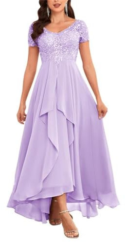 KURFACE Vestido de mujer de manga corta con apliques de encaje de gasa para mujer, vestido formal de noche, Lila, 38