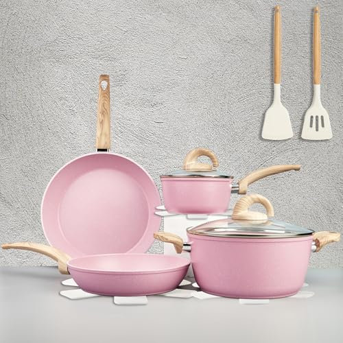 Vkoocy Juego de ollas y sartenes antiadherentes, juego de utensilios de cocina de cerámica saludable, 12 ollas de cocina y sartenes para saltear, sin PFAS con utensilios de cocina y tapa, color rosa
