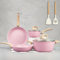 Vkoocy Juego de ollas y sartenes antiadherentes, juego de utensilios de cocina de cerámica saludable, 12 ollas de cocina y sartenes para saltear, sin PFAS con utensilios de cocina y tapa, color rosa