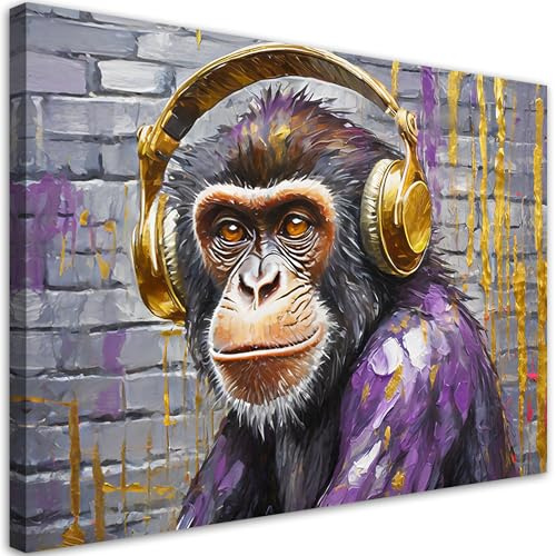 Feeby Leinwand Bilder - Affe im Kopfhörer - Canvas 90x60 cm - Deko Wohnzimmer - Wandbilder Schlafzimmer - Deko Aesthetic - Wand Deko - Leinwand Groß - Deko Zimmer - Leinwandbilder XXL