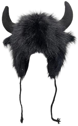 Bison-Mütze, Bison-Mütze, Flauschige Ohren, Plüsch-Ohrenklappen-Mütze Mit Hörnern, Flauschige Ohr-Kopfbedeckung Für Halloween, Winterbüffel Mit Hörnern, Warme Winter-Plüsch-Beanie-Mütze Mit Hörnern