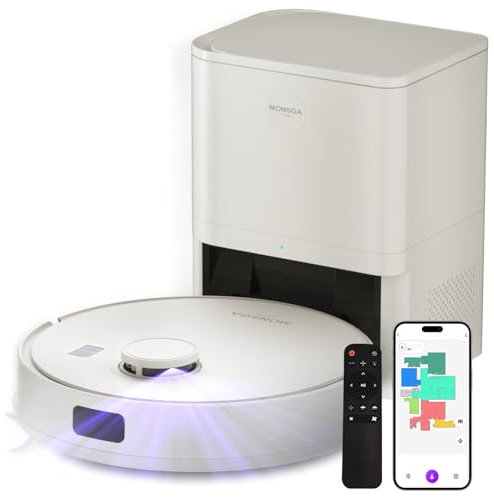 MONSGA Saugroboter mit Wischfunktion, 3.5L Staubsauger Roboter mit Absaugstation, 5000Pa Saugkraft, 180Min Laufzeit, LiDAR Navigation, ideal für Teppich und Tierhaare, APP Steuerung Beige