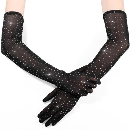 Yolev Black Tulle Gloves Sheer Gloves with Rhinestones Black Costume Long Glove Women Formal 1920s Fancy Masquerade Glove for Halloween Party Tea Party