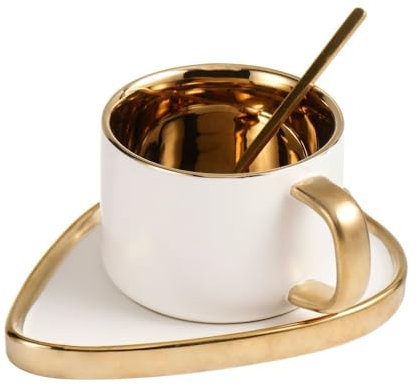 FülleMore Porzellan Cappuccinotasse mit Untertasse Goldrand Espressotasse 200ml Mokkatasse Kaffeetasse Set Kaffeeservice Set für Café Espresso Latte Mokka (Weiß)