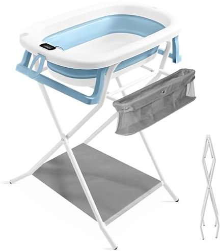 JUPPLIES Bañera Plegable Bebé con Estructura Metálica y Tubo de Drenaje - Bañera con Cojín Ergonómico, Patas Antideslizantes y Termómetro Digital (Azul)