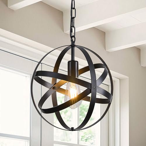 Ganeed Pendelleuchte Industrial Globe Farmhouse Beleuchtung Vintage Kronleuchter Kugelförmige hängende Deckenleuchte für Küche Insel Esstisch E27 Schwarz 1 Licht