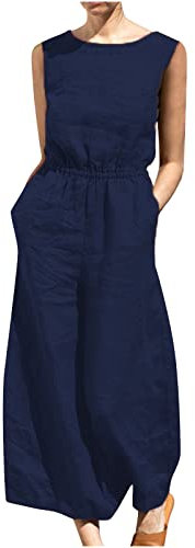 Salopette Donna Estiva Casual in Lino Jumpsuit a Gamba Larga Cotone Elegante Tuta Intera Senza Manica Tutina Pantaloni Larghi con Tasche per Spiaggia Vacanza