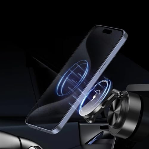 360 Degree Car Phone Holder with 15W FAST Wireless Charger - Magnetic Charger with Super Strong Vacuum Suction- adjustable and foldable stand - MAGSAFE- Gloss Black