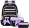 Amythe Schulrucksack Mädchen 3 Teilig, Schulranzen Kawaii 3. bis 7. Klasse mit Lunch Tasche Federmäppchen Gymnasium Fliege Dekoration mit Anti-Diebstahl-Tasche 24L-Lila Schwarz