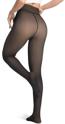 Unesmaro Women's Thermal Fleece Lined Tights, Translucent Skin Tone Pantyhose Style Leggings for Winter Warmth Black Large