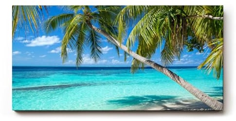 Sinus Art Wandbild 100x50cm Tropischer Strand mit weißen Sand und schattenspendenden Palmen als Urlaubsidyll