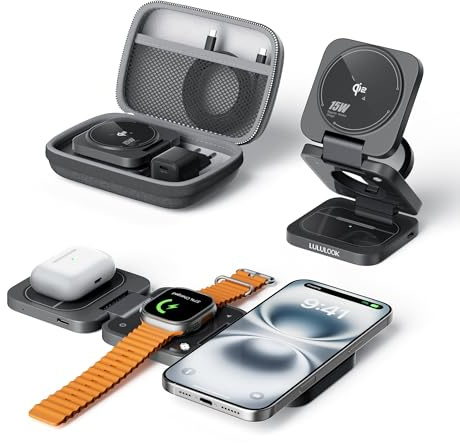Qi2 - Stazione di ricarica 3 in 1 Apple con made for Watch [MFi], da viaggio, pieghevole, 15 W, stazione di ricarica MagSafe per iPhone 17 Pro Max/17 Air/17 Pro/17, 5 W, per Apple Watch 11, AirPods