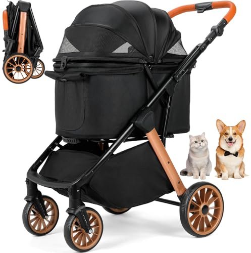 MAMIZO Faltbarer Hundebuggy One-Touch, Faltbar Hundewagen Bis 25kg, Schwarz | Haustiere Buggy mit Höhenverstellbarer Griff, Getränkehalter, 4 360° Gummiräder, Aluminium-Carbonstahl-Gestell,für Hunde Katz