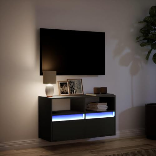 Homvdxl 80cm Floating TV Unit Stand with LED Lights, Wall TV Cabinet with 2 Drawers & Open Shelves, Modern Wall Mounted Cabinet for Living Room - Black