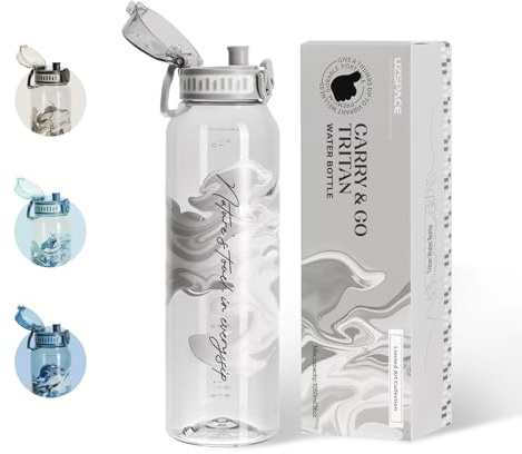 UZSPACE Water Bottle 1l with Handle, Aesthetic Drinks Bottle, Flint Grey | Tritan Gym Water Bottle for Women & Men, Leakproof Water Bottle no Straw, One-click Open Sports Bottle with Capacity Scale