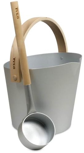 Tylö Saunakübel + Kelle 2-teilig - Brilliant Serie - Eloxiertes Aluminium sandgestrahlt - Mit Ausguss - Birkenholzgriff mit Espenverstärkung - Premium Saunazubehör Set (Silver Grey)