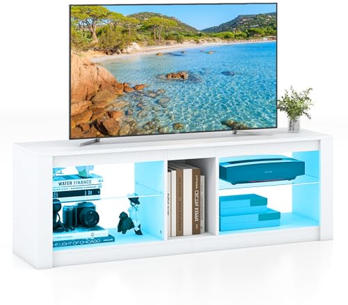 CASART LED TV Cabinet for 65 inch TVs, 140cm Entertainment Center TV Unit with Adjustable Glass Shelves & 20 RGB Light Colors, Modern Media TV Console Table for Living Room Bedroom (White) | Adjustable Glass Shelves, 20 RGB Light Colors, Modern Media TV Console Table for Living Room Bedroom