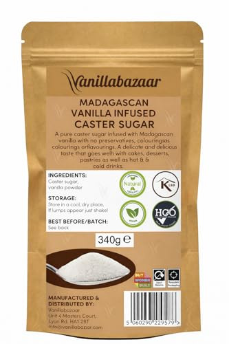 Madagascan Vanilla Infused Caster Sugar – 340g Resealable Pouch | Fine Vanilla Sugar for Baking, Drinks & Desserts | 100% Natural | Sugar Infused with Real Madagascan Vanilla Powder | Vanillabazaar