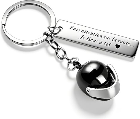 Porte-Clé Moto en Acier Inoxydable Porte Clef Forme Casque Pendentif avec Fais attention sur la route Porte-Clé Homme Femme Cadeau pour Fête Saint Valentin Anniversaire Noël