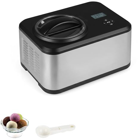 LIFEZEAL Gelatiera Autorefrigerante 1,5 L con Compressore, 120W Macchina per Gelato 4 Modalità, per Frozen Yogurt e Gelato, Display LED, Timer 24H, Cestello Rimovibile e Misurino, Acciaio Inox, Nero