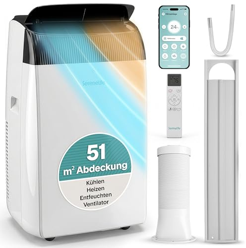 SereneLife klimagerät Mobil- mit Abluftschlauch, 12000 BTU WLAN, 4-in-1 Klimaanlage- Kühlen/Heizen/Ventilieren/Entfeuchten, Digitaldisplay, Timer und Fensterkit, bis 35m², für heiße Sommertage