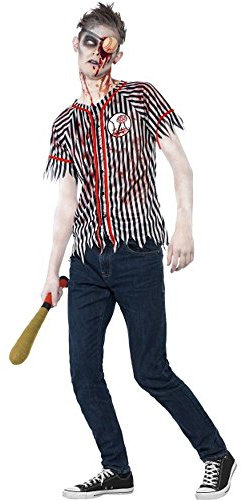 Smiffys Zombie Baseball Player Costume, Black & White with Top, Eyepatch & Wadded Baseball Bat, Halloween Adult Fancy Dress, Zombie Dress Up Costumes