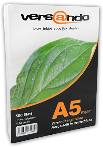 versando 2.000 Blatt Papier DIN A5 HighWhite 80 Druckerpapier Universalpapier Kopierpapier hochweiß (148 x 210 mm)
