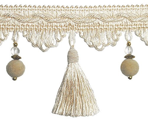 (DE) Luxus Quastenborte mit Korallen ab 1 m Breite 8cm Farbe Cremeweiß Zierband Posamentenborte mit Kristale Dekoborte mit Quaste Zierborte m. Troddeln Bordüre f.Gardinen Vorhangborte Tischdecke